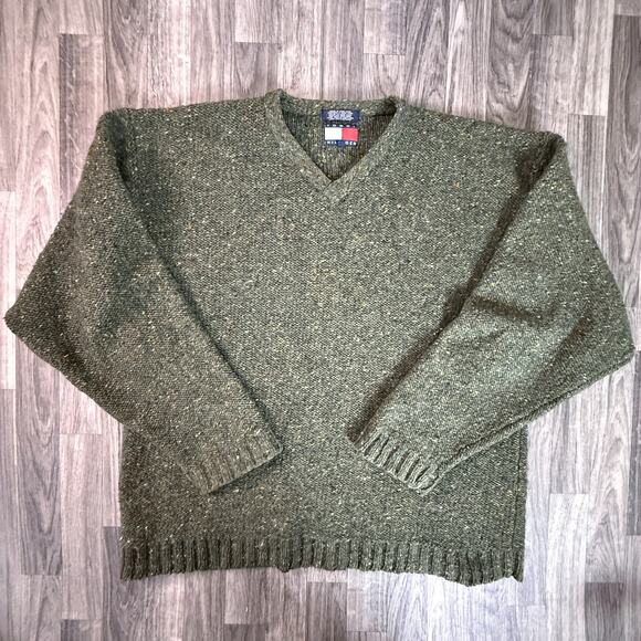Tommy Hilfiger 100% Shetland Wool Chunky Speckled Forest Green V-Neck Sweate - Picture 1 of 5